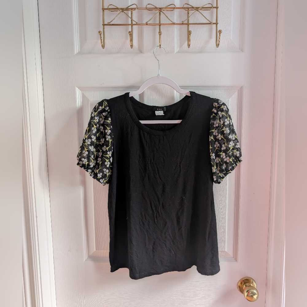 Chic Black Blouse with Floral Sleeves